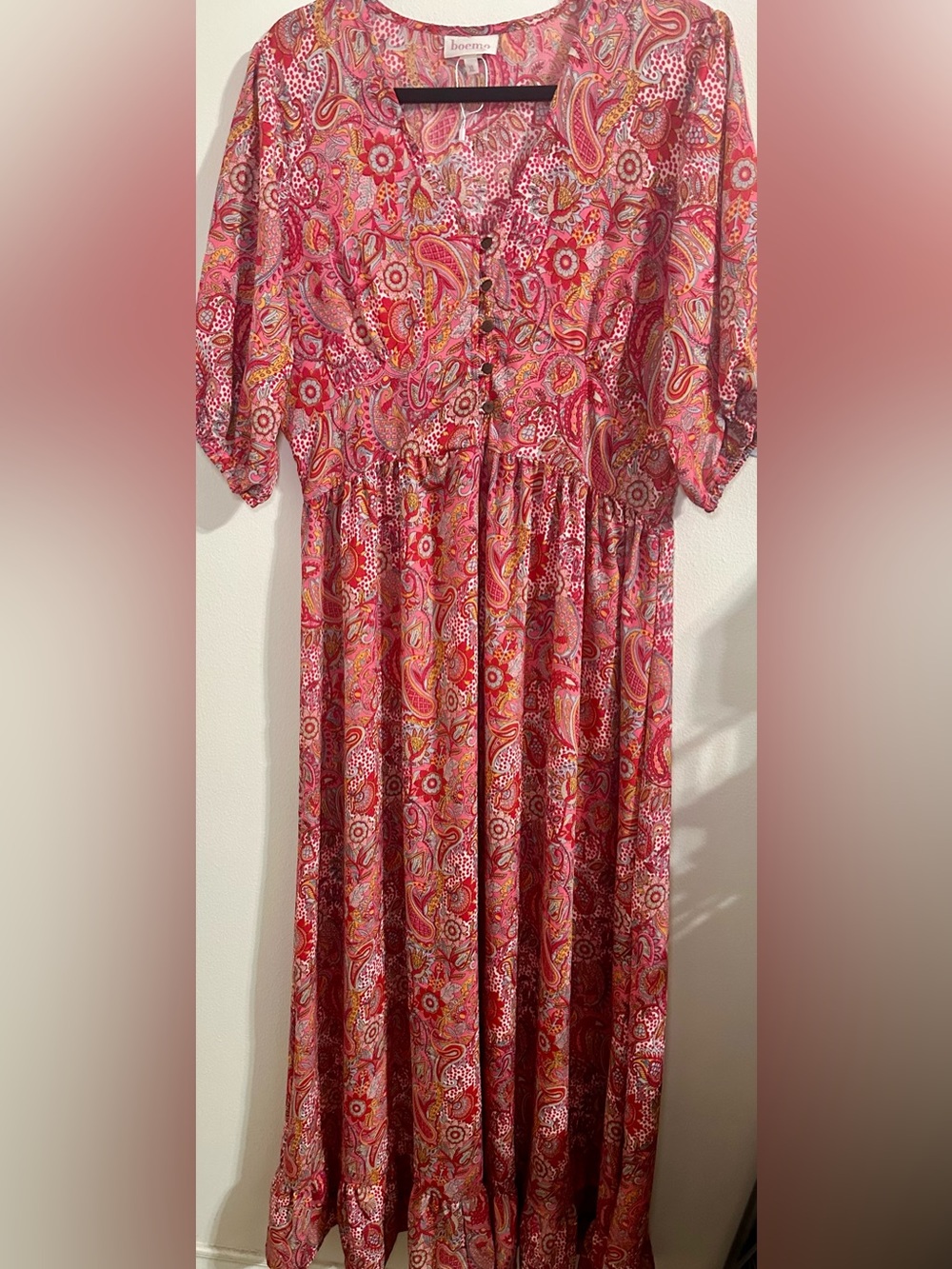 NWOT- Boemo Women’s Floral Paisely Print Ruffle Hem Maxi Dress, Pink, Sz XL